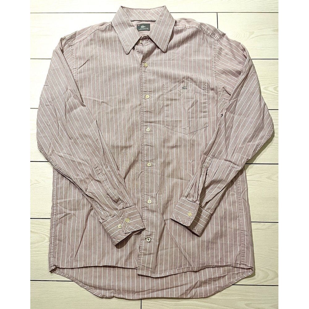 Lacoste mens tan and white button up size 39 Front Left Pocket‎